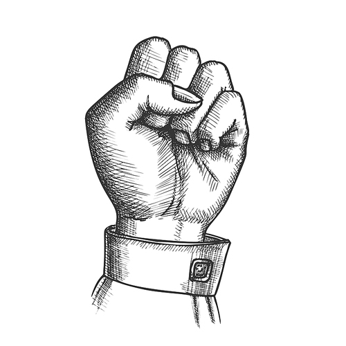 Woman Hand Clenched Finger In Fist Gesture Vector. Female Arm Gesture Showing Sign Power Or Disagree. Girl Wrist Gesturing Signal Monochrome Designed In Vintage Style Closeup Illustration