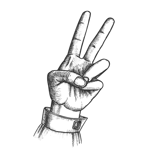 Hand Gesture Peace Symbol Two Finger Up Ink Vector. Woman Arm Gesture Showing Scissors Or Freedom Sign. Female Wrist Gesturing Cheer Signal Black And White Hand Drawn Retro Style Closeup Illustration