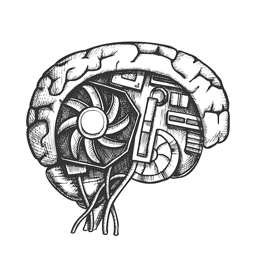 Ai Cyberntic Brain Side View Monochrome Vector. Motherboard, Cooler And Computer Details In Form Of Human Brain. Artificial Intelligence Designed In Retro Style Black And White Illustration