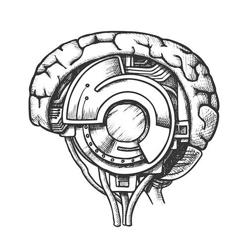 Technology Cyber Brain Side View Monochrome Vector. Artificial Intelligence Concept In Form Of Human Brain. Digital Mind Cyberbrain Hand Drawn In Vintage Style Black And White Illustration