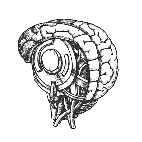 High Technology Robotic Brain Monochrome Vector. Artificial Intelligence Concept In Form Of Human Brain. Electronic Mind Cyberbrain Hand Drawn In Vintage Style Black And White Illustration