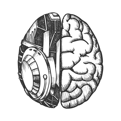 Innovation Machine Robotic Brain Monochrome Vector. Artificial Intelligence Concept And Human Brain. Ai And Anatomy Neurology Element Hand Drawn In Vintage Style Black And White Illustration