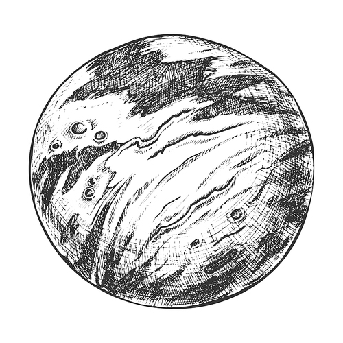 Designed Planet Solar System Monochrome Vector. Astronomical Body Orbiting Star Or Stellar Remnant Planet. Galaxy Space Element Hand Drawn In Vintage Style Black And White Illustration