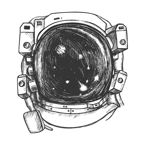 Astronaut Space Exposure Suit Monochrome Vector. Special Cosmic Suit For Exploring Galaxy And Planet. Spaceman Equipment For Discovery Designed In Retro Style Black And White Illustration
