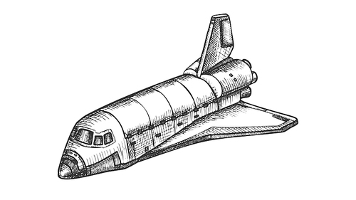 Space Exploring Ship Shuttle Monochrome Vector. Astronautic Aeroballistic Transport Shuttle For Explore Cosmos. Booster Rocket Spaceship Hand Drawn In Vintage Style Black And White Illustration
