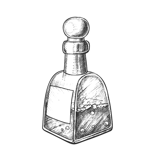 Bubbled Potion Liquid Bottle Monochrome Vector. Retro Glass Bottle With Blank Label And Cap In Sphere Form. Creative Phial Template Hand Drawn In Vintage Style Black And White Illustration