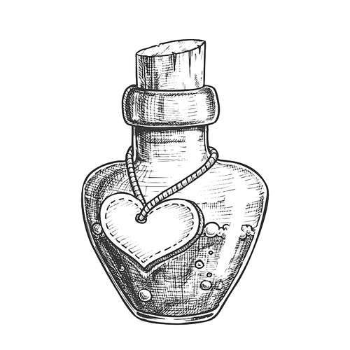 Potion Bottle With Blank Heart Form Label Vector. Glass Bottle With Love Mixture. Bubbled Liquid In Flask With Cork Cap Template Hand Drawn In Vintage Style Monochrome Illustration