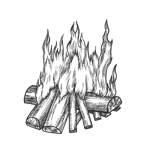 Traditional Burning Firewood Monochrome Vector. Forest Burn Firewood For Warm. Warming Camping Tourist Campsite Light Element Hand Drawn In Retro Style Black And White Illustration