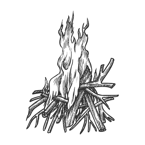 Traditional Burning Timbered Stick Vintage Vector. Burning Tree Wood Branches For Inflaming Flame. Hot Temperature Controlled Fire Of Twigs Designed In Retro Style Black And White Illustration