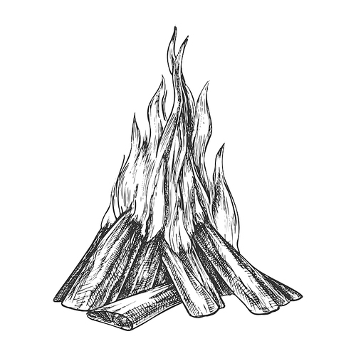 Traditional Burning Bonfire Monochrome Vector. Hiking Fiery Wooden Sticks Bonfire Fireplace. Hot Forks Of Flame And Wood Timber Hand Drawn In Retro Style Black And White Illustration