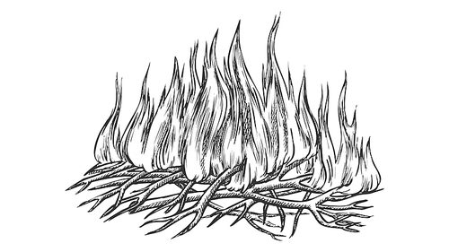 Traditional Burning Camping Fire Monochrome Vector. Tree Branch Sticks Twigs Fire Campfire. Sprouts Of Flame And Offshoot Of Plant Hand Drawn In Retro Style Black And White Illustration
