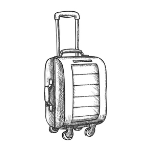 Suitcase On Wheels With Handle Vintage Vector. Standing Modern Tourist Suitcase Package For Business Trip. Voyage Luggage For Baggage Hand Drawn In Retro Style Black And White Illustration