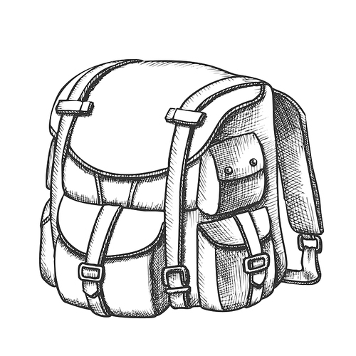 Tourist Travel Backpack Suitcase Monochrome Vector. Standing Suitcase Bag For Trip Accessories. Baggage Case For Extreme Adventure Vacation Designed In Retro Style Black And White Illustration