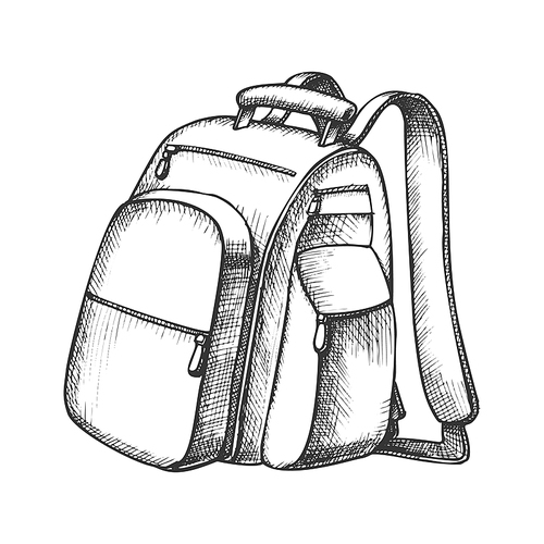 Modern Tourist Backpack Suitcase Monochrome Vector. Standing Suitcase Bag For Trip Accessories. Tourism Sport Equipment For Hike Designed In Retro Style Black And White Illustration