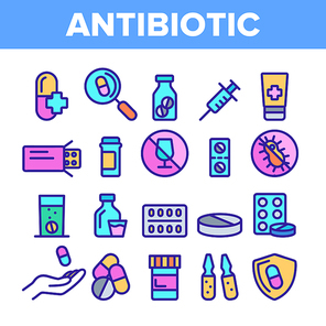 Color Antibiotic Thin Line Icons Set Vector. Drugs And Pills, Injection And Cream, Syrup And Drops Antibiotic Linear Pictograms. Anti Alcoholic And Virus Signs Contour Illustrations