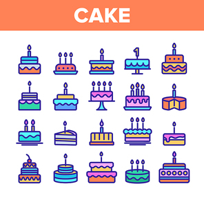Color Birthday Cake Sign Icons Set Vector Thin Line. Sweet Dessert Cream Cake And Pie With Candles Linear Pictograms. Anniversary Celebration Delicious Food Contour Illustrations