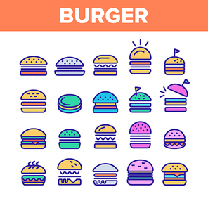 Color Delicious Burger Sign Icons Set Vector Thin Line. Unhealthy Restaurant Fast Food Burger Linear Pictograms. Hamburger Fried Meat Among Buns Contour Illustrations