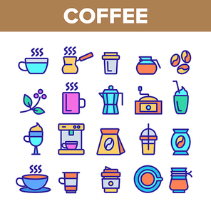 Color Coffee Equipment Sign Icons Set Vector Thin Line. Coffee And Latte Cup, Beverage Machine And Brewing Pot Linear Pictograms. Morning Energetic Drink Contour Illustrations