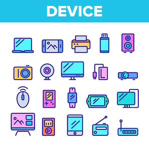 Color Different Devices Sign Icons Set Vector Thin Line. Laptop And Computer, Smartphone And Music Dynamic, Tv And Photo Video Camera Devices Linear Pictograms. Contour Illustrations