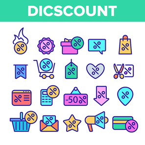 Color Discount Thin Line Icons Set Vector. Percent Sign With Present Box And Heart, GPS Mark And Text Box Frame, Star And Scissors Discount Elements Linear Pictograms. Contour Illustrations
