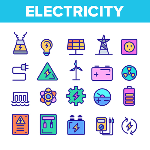 Color Electricity Industry Icons Set Vector. Battery And Turbine Tower, Light Bulb And Socket Jack Electricity Industry Element Elements Linear Pictograms. Lightning Sign Contour Illustrations
