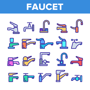 Color Different Faucet Sign Icons Set Vector. Water Crane Faucet Assortment Linear Pictograms. Kitchen, Bathtub And Bathroom Equipment Construction Details Contour Illustrations