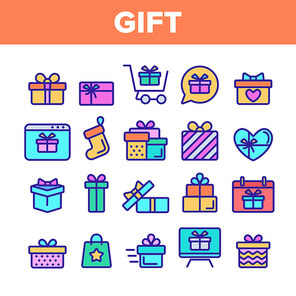 Color Different Gift Sign Icons Set Vector Thin Line. New Year And Birthday Surprise Presents In Box And Gift Wrapping Assortment Linear Pictograms. Christmas Sock Contour Illustrations