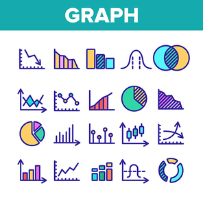 Color Different Graph Sign Icons Set Vector Thin Line. Statistic Graph Diagram And Analytics Data Assortment Linear Pictograms. Business Element Contour Illustrations