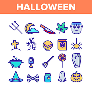 Color Different Halloween Icons Set Vector Thin Line. Pumpkin And Skull, Hat And Broomstick, Zombie And Ghost Halloween Element Assortment Decoration Linear Pictograms. Contour Illustrations