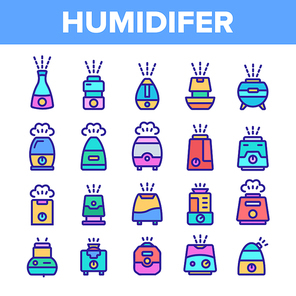 Color Different Humidifier Icons Set Vector Thin Line. Climatic System Equipment Humidifer Assortment Linear Pictograms. Steam, Humidification, Water Contour Illustrations