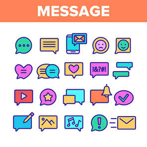 Color Different SMS Message Icons Set Vector Thin Line. Conversation Service, SMS Message, Notification, Group Chat Assortment Linear Pictograms. Contour Illustrations