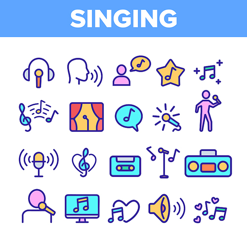 Color Different Singing Icons Set Vector Thin Line. Singing And Listening Song And Music In Karaoke, Concert, Tape-recorder Or Audiophone Linear Pictograms. Contour Illustrations