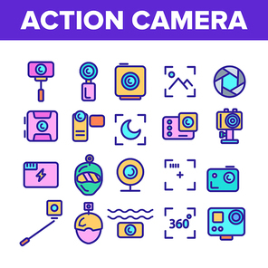 Color Action Camera Sign Icons Set Vector Thin Line. Types Of Camera Linear Pictograms. Device Stick And Object Glass, Recording Mode And Watertight Housing Contour Illustrations