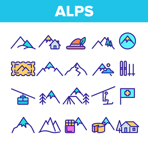 Color Mountain Alps Sign Icons Set Vector Thin Line. Cable Way, Funicular And House On Alps Hills And Climbs Linear Pictograms. Nature Landscape Illustrations