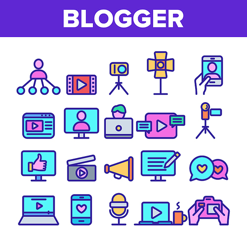 Color Blogger Thin Line Icons Set Vector. Video Camera And Film File, Microphone And Smartphone, Computer Monitor And Laptop Blogger Device Linear Pictograms. Contour Illustrations