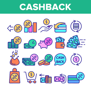 Color Cashback Service Sign Icons Set Vector Thin Line. Interest Repayment And Accumulation Account, Money Coins And Percent Cashback Elements Linear Pictograms. Contour Illustrations