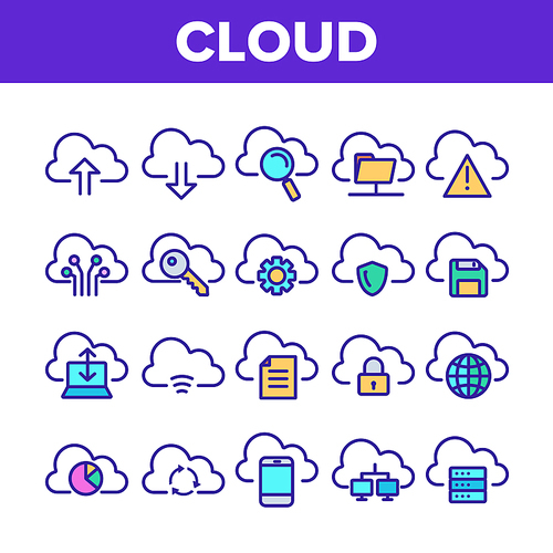 Color Cloud Service Sign Icons Set Vector Thin Line. Cloud Data And Technology Internet Networking Elements Linear Pictograms. Digital Files Storage Contour Illustrations