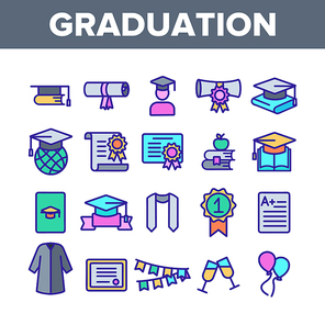 Color Graduation Thin Line Icons Set Vector. Certificate And Diploma, School, College Or University Graduation Elements Linear Pictograms. Academic Details Contour Illustrations