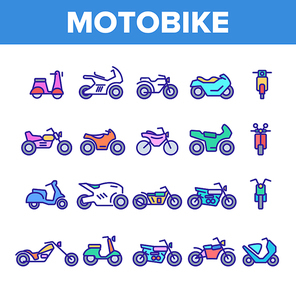 Color Motorbike Thin Line Icons Set Vector. Scooter And Motor Bicycle, Speed Bike And Chopper Motorcycle Motorbike Types Linear Pictograms. Academic Details Illustrations