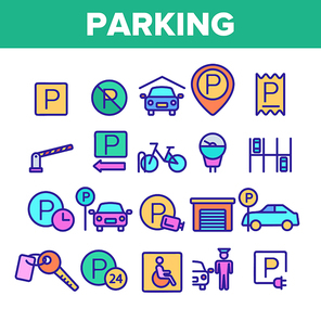 Color Parking Thin Line Icons Set Vector. Parking Service Sign And GPS Mark, Garage With Car And Bicycle, Key And Park Place Linear Pictograms. Illustrations