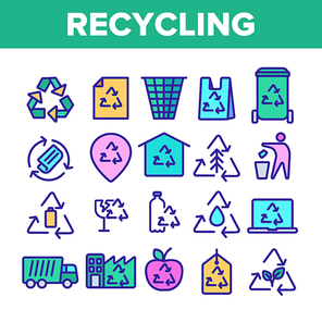 Collection Recycling Thin Line Icons Set Vector. Recycling Sign On Location GPS Mark And File, Waste Basket And Laptop Monitor Linear Pictograms. Dumptruck Monochrome Contour Illustrations
