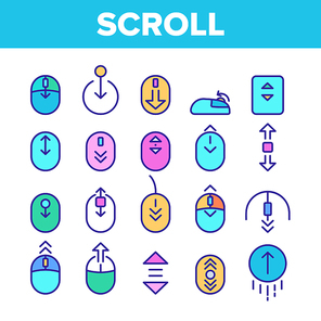 Color Scroll Thin Line Sign Icons Set Vector. Computer Mouse Device And Web Site Page Up And Down Scroll Linear Pictograms. Interface Elements Illustrations