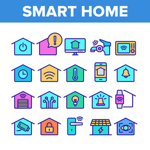 Color Smart Home Thin Line Icons Set Vector. Control, Camera, Light Settings And Humidity Smart House Device Linear Pictograms. Automation Monitoring Contour Illustrations