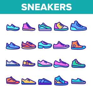 Color Sneakers Thin Line Icons Set Vector. Man And Woman Shoes Sneakers Linear Pictograms. Boots Footweare Stock Fashion Modern Accessory Contour Illustrations