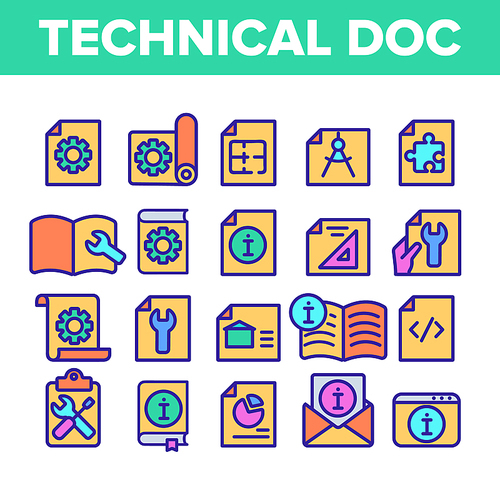 Color Technical Documentation Thin Line Icons Set Vector. Collection Of Technical Documentation Linear Pictograms. Plan, Instruction, Blueprint And Manual Contour Illustrations