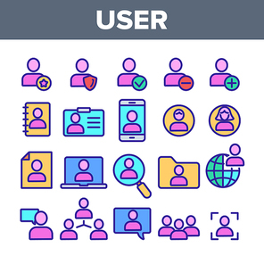 Color User Sign Thin Line Icons Set Vector. Management, Human Resource, Business Person And User Linear Pictograms. Smartphone, Badge And Internet Account Profile Contour Illustrations