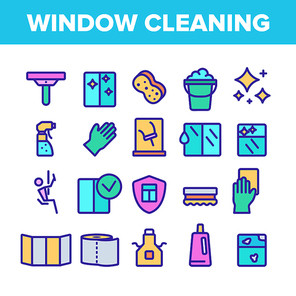 Color Window Cleaning Sign Icons Set Vector Thin Line. Wiper Blade And Sponge, Handgear And Washing Agent Spray Cleaning Equipments Linear Pictograms. Concept Illustrations