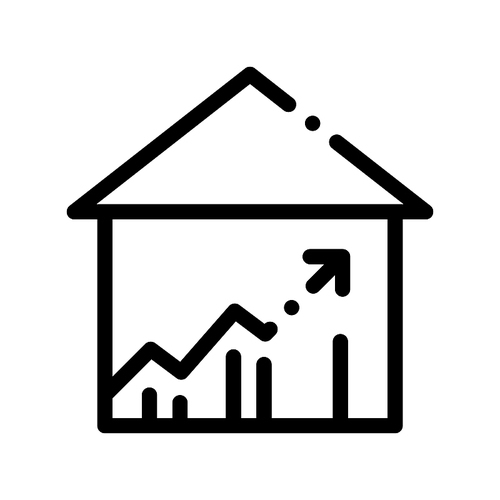 Building House And Arrow Vector Thin Line Icon. Building Sale And Rent Increasing Diagram, Web Site, Smartphone Application Linear Pictogram. Garage, Skyscraper, Truck Cargo Contour Illustration
