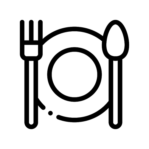 Plate Fork And Spoon Vector Sign Thin Line Icon. Plate With Flatware Restaurant Mark, Hotel Performance Of Service Equipment Linear Pictogram. Business Hostel Items Monochrome Contour Illustration