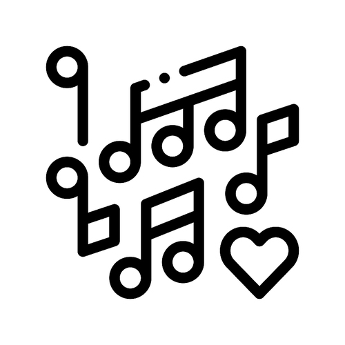 Music Notes Wedding Dance Thin Line Vector Icon. Love Symbol Heart And Music Notes Element Linear Pictogram. Party Preparation And Marriage Template Monochrome Contour Concept Illustration